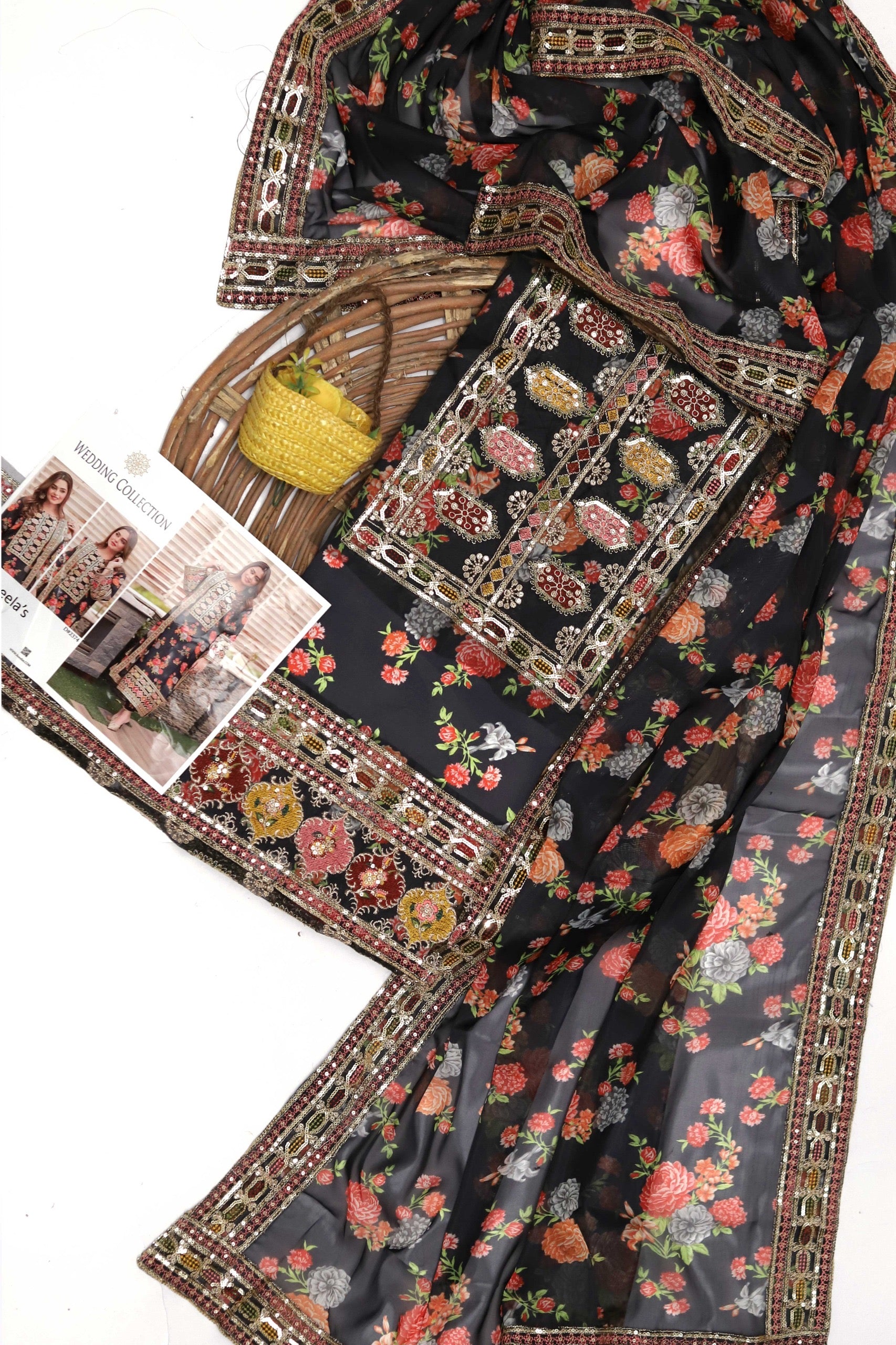 ANEELA’s  3PC PURE SILK WITH 4 SIDE LACE SILK DUPATTA