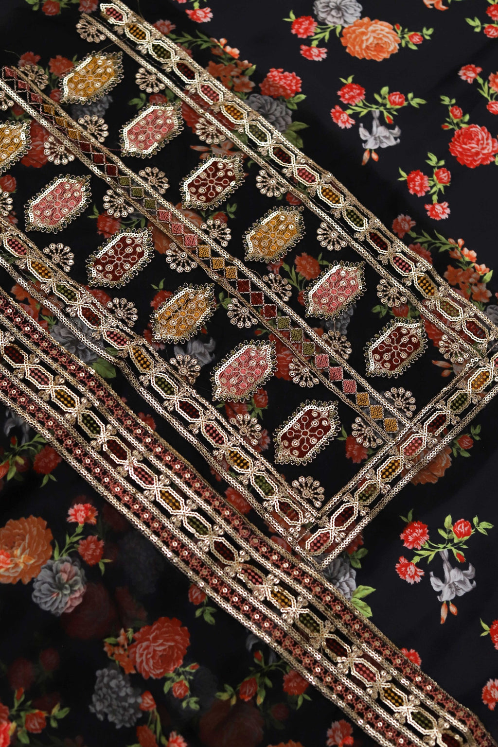 ANEELA’s  3PC PURE SILK WITH 4 SIDE LACE SILK DUPATTA